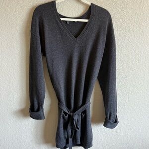 Vince Charcoal V-Neck Sweater Dress Wool Blend Tie Waist Quiet Luxury Minimalist